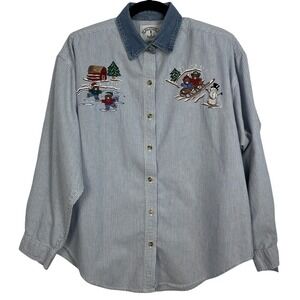 VTG Solutions Womens Button Down Shirt Embroidered Blue Striped Holiday Winter L
